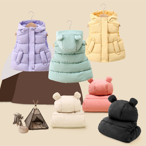 Children's zip-up jacket for boys and girls, suitable for autumn and winter outdoor wear, filled with down and cotton, kindergarten clothes for babies, cute with ear muffs