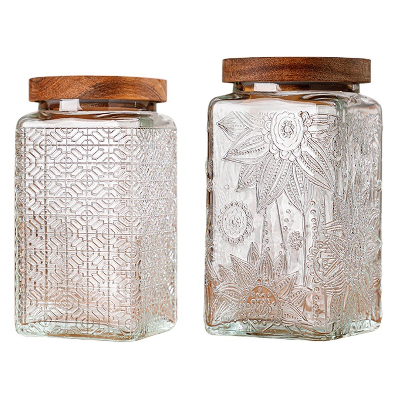 Vidrio de alivio de vidrio sellado tarro cuadrado tarro de almacenamiento merienda fruta seca almacenamiento tarro cocina hogar tarro de vidrio retro