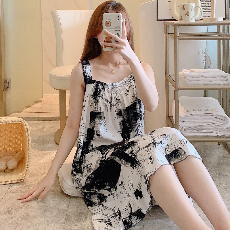 Cotton Silk Nightgown Suspender Pajamas Women's Summer Maternity Dress Mom Artificial Cotton Skirt Cotton Silk Pajamas Dress Large Size Outer Wear