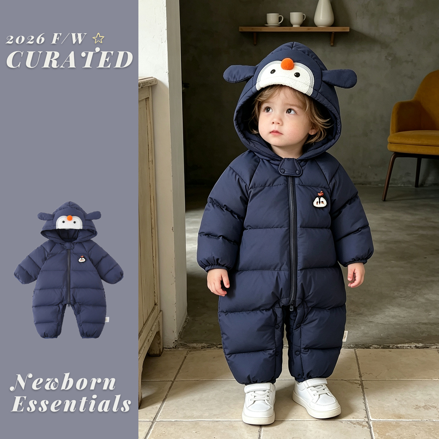 Baby winter clothes, boys' down jacket, one-piece outfit, 90% white duck down, thickened for warmth, suitable for outdoor wear and crawling