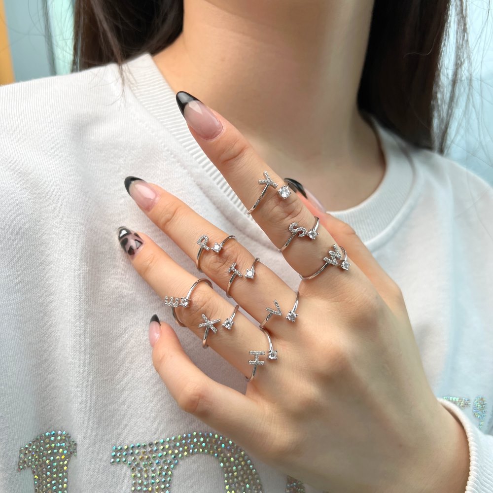 Fashion Letter Sterling Silver Plating Zircon Open Ring 1 Piece