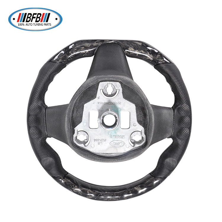 100% Real Carbon Fiber Forged Steering Wheel with Black Perforated Leather and Black Stitching - For Tesla Model Y - Modification