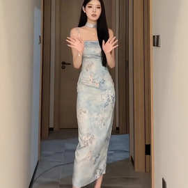 微胖mm新中式国风吊带旗袍裙女夏季2025大码素雅印花修身包臀长裙