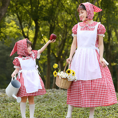 American Country Farm folk dance Plaid Dress French Manor Maid cosplay red plaid dress for women kids Gardener Parent-Child Dress