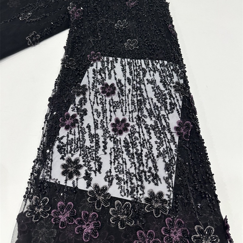Multicolor decalca hecha a mano tubo de perlas bordado tela de malla pequeña cena de hadas fresca vestido de boda tela de vestido
