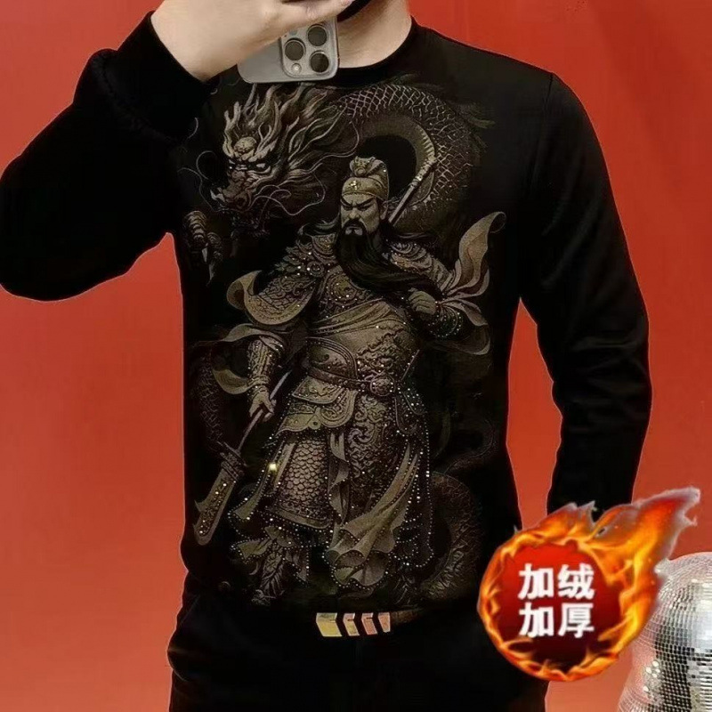 European Style Autumn/Winter Rhinestone Fleece-Lined Men's Korean Style Trendy Crew Neck Fleece Sweatshirt Top