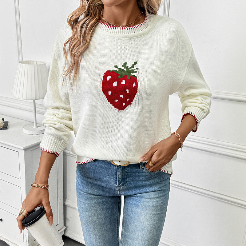 Women's Strawberry Jacquard Knit Sweater - Soft Acrylic Pullover With Loose Fit, Round Neck, Long Sleeves For Casual Comfort_voghion.com