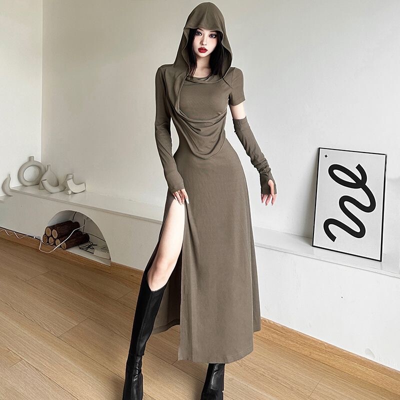 2025 Retro Wasteland Style Design Hooded Dress, Feminine Pleated Slimming Look High Slit Sexy Long Skirt 2025 Retro Wasteland Style Design Hooded Dress, Feminine Pleated Slimming Look High Slit Sexy Long Skirt