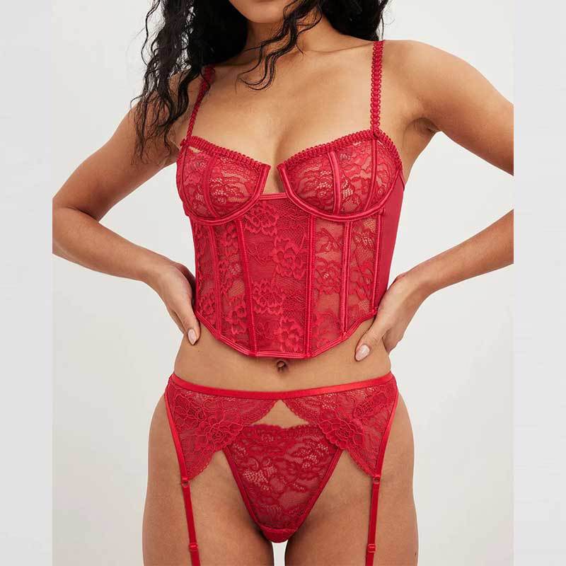Outwear Retro Girl Sexy Fish Bone Underwear Sling Thin Gather Valentine's Day Lace Sexy Underwear 3 Set