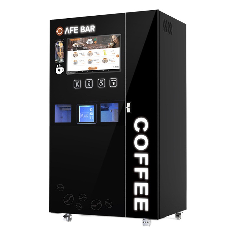 Máquina expendedora comercial de café helado y té con leche recién molidos, pago con código QR, dispensación automática de vasos y tapas, limpieza automática.