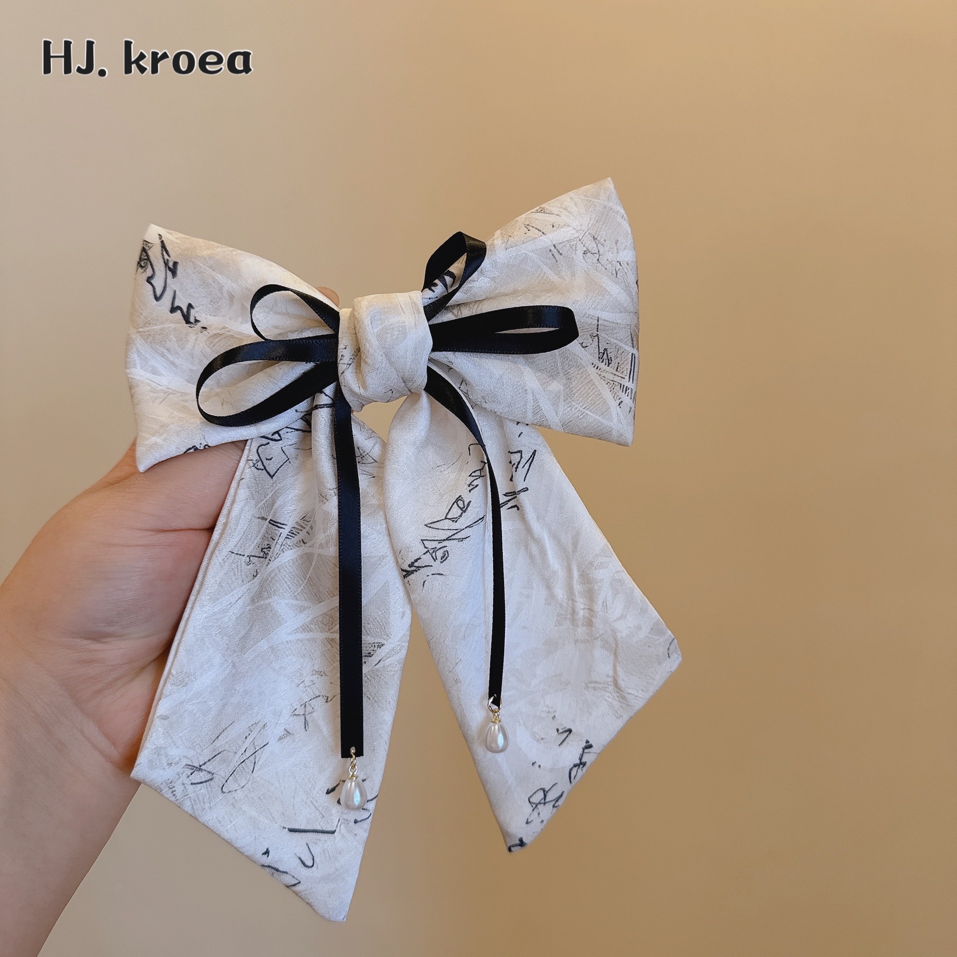 2024國風系列～復古水墨畫絲帶蝴蝶結珍珠吊墜氣質優雅蝴蝶結髮夾
