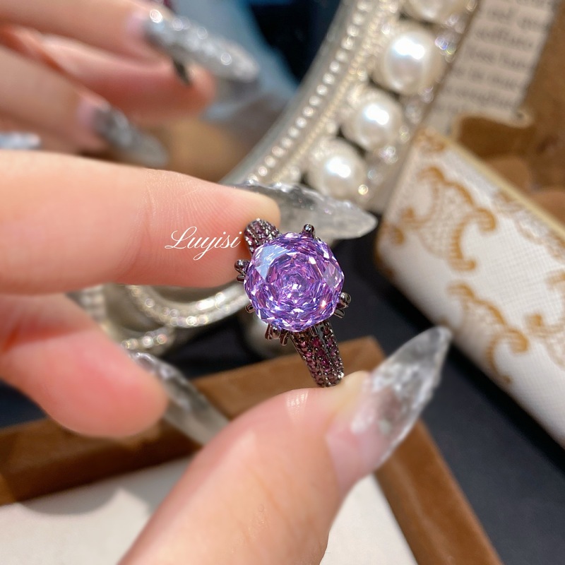 爆款八角千禧玫瑰切海蓝戒指女时尚轻奢高碳钻紫钻黑金色戒指批发|undefined