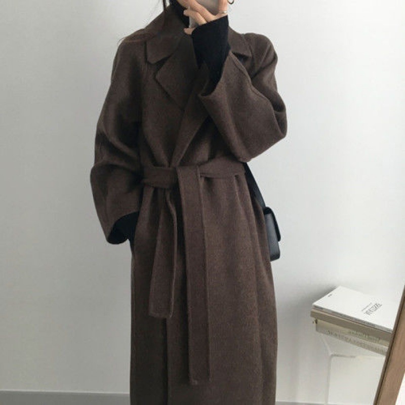 Woolen Coat Korean Style Simple Commuting Gentle Suit Collar Loose Lace-Up Waist Mid-Length Woolen Coat