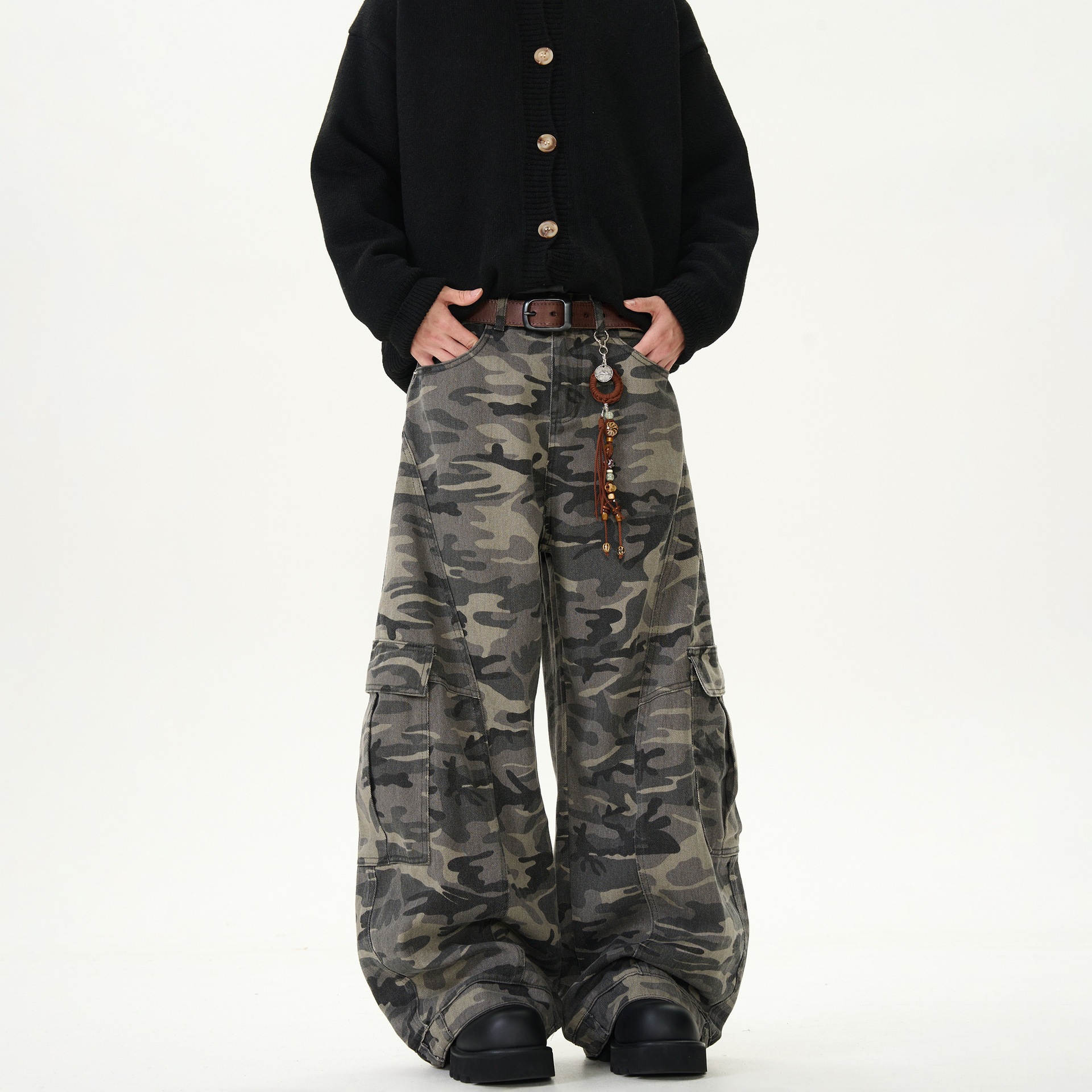 Unisex vintage militaire camouflage cargobroek met wijde pijpen, omkeerbaar ontwerp en functionele zakken, maten S-3XL_voghion.com