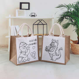现货diy手绘涂色卡通麻布袋子亚麻布防水购物袋麻布袋定制logo
