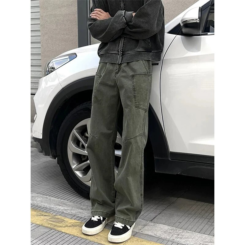 Army green multi-pocket scimitar cargo pants for men, autumn trendy American retro straight-leg slightly flared jeans Army green multi-pocket scimitar cargo pants for men, autumn trendy American retro straight-leg slightly flared jeans