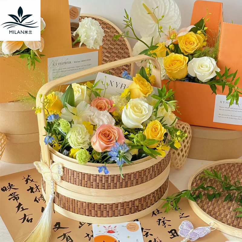 Festival del Medio Otoño pastel de luna nueva cesta de bambú de estilo chino de doble capa de tela de mano cestas de flores cestas de flores cestas de frutas