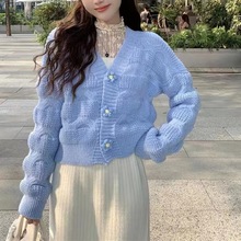 花朵扣针织毛衣外套女韩系新款慵懒风宽松v领开衫上衣女
