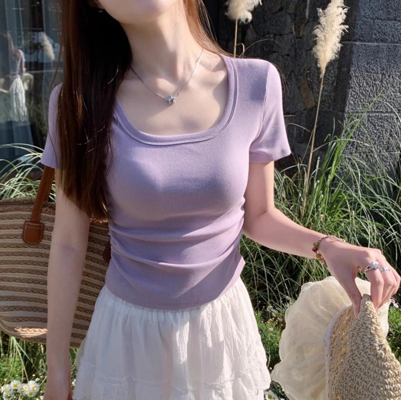 Carefully Selected Purple Short-Sleeve Women's T-Shirt with Square Neckline, Fitted Waist, Ruched Design, Slim Fit, Collarbone-Exposing, Gentle Style Top
