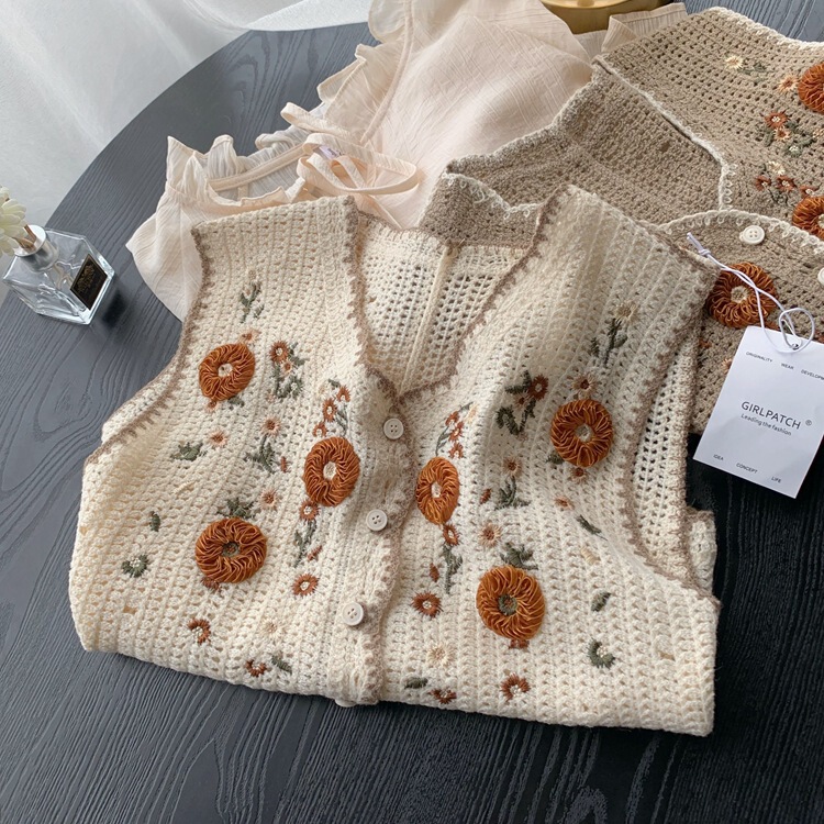 Cross-Border Popular New Fine Crochet Retro Jacquard Stereo Crochet Vest with Vest for Women