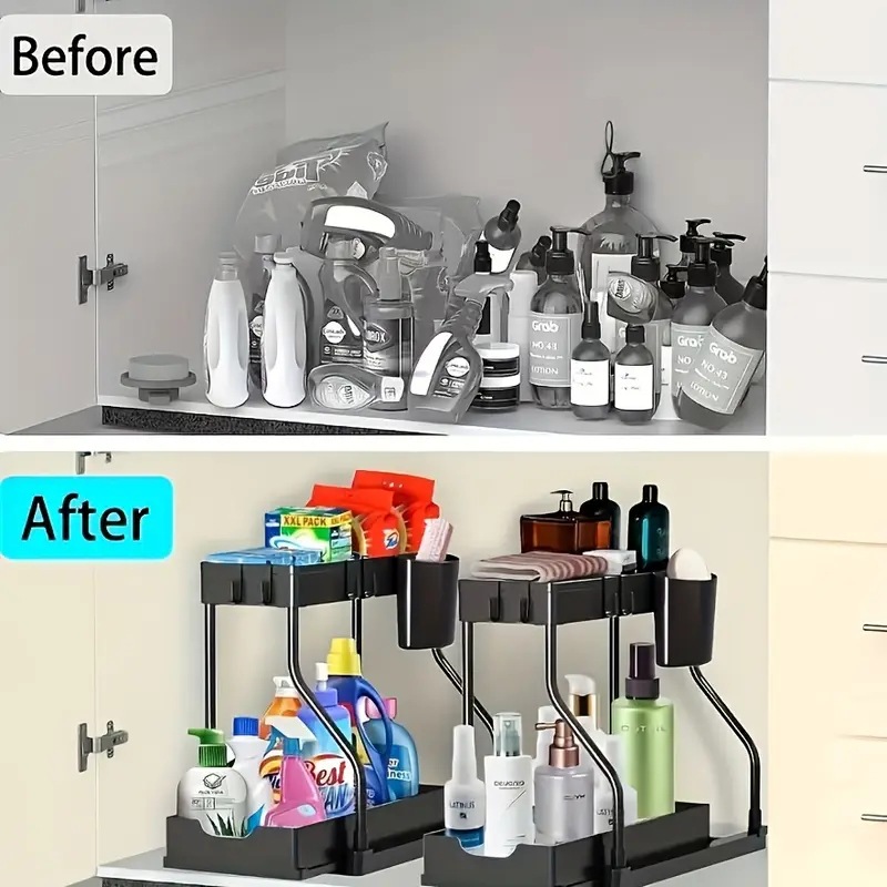 2-Tier Pull-Out Kitchen Organizer, Slide-Out Storage Rack