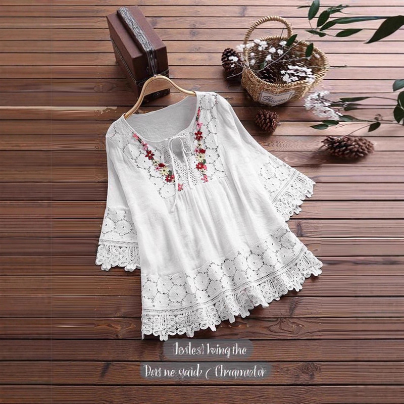 Cross-Border Hot-Selling New Summer Amazon Cotton-Linen Patchwork Lace Trim Elegant European and American Style Loose-Fitting Women's Top Cross-Border Hot-Selling New Summer Amazon Cotton-Linen Patchwork Lace Trim Elegant European and American Style Loose-Fitting Women's Top