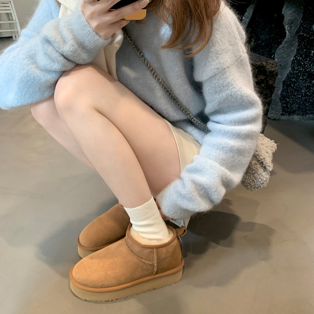 羊皮毛一体~周冬雨同款mini加绒加厚底桑坡村短筒棉鞋雪地靴女冬