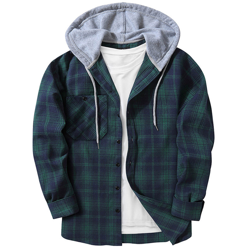 Cross-border hooded plaid shirt men's 2023 foreign trade autumn Harajuku style plaid hooded shirt men's casual shirt