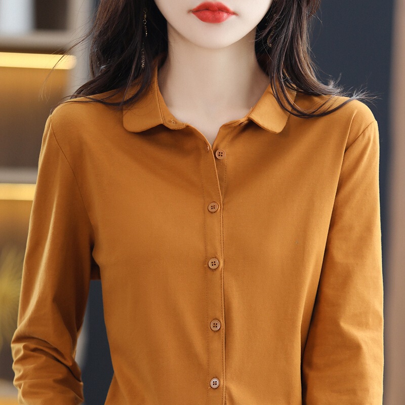 Stretchy Pure Cotton Long-Sleeved Shirt for Women, with a Unique Design, Niche Fashion, Loose Korean Style Shirt, Polo Collar Cardigan for Women, Elegant