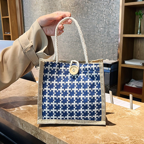 Fashionable linen women's bag, autumn new handbag, plaid button simple lunch bag, linen small bag for women
