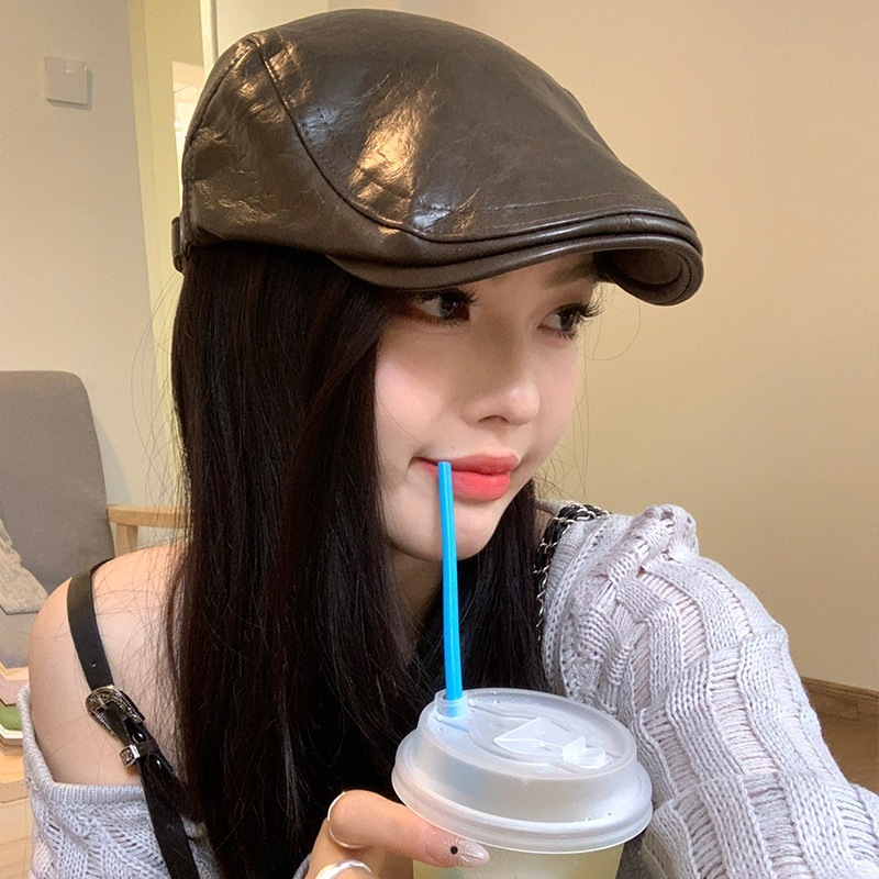 美式复古PU皮质前进帽女春秋季百搭辣妹鸭舌帽英伦风画家贝雷帽子|undefined
