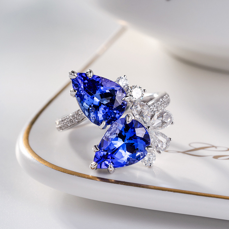 New Double Diamond Tanzanite Blue Drop Pear-shaped Ring Simulation Sapphire Copper Open Ring display picture 2