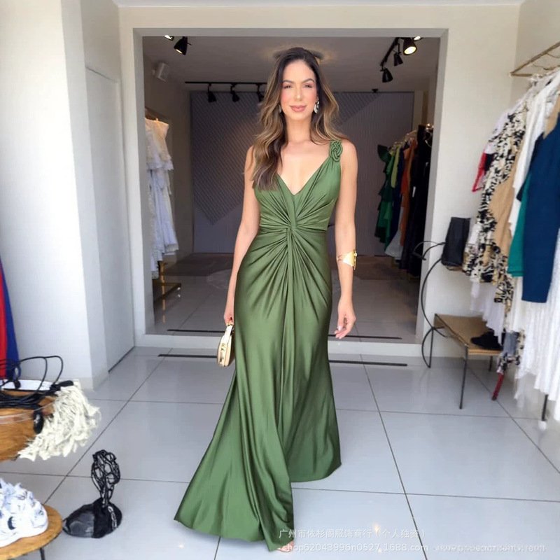 2026 European and American Cross-Border Women's Fashion New Long V-Neck Twist-Waist Slimming Stylish Sexy Evening Dress 2026 European and American Cross-Border Women's Fashion New Long V-Neck Twist-Waist Slimming Stylish Sexy Evening Dress