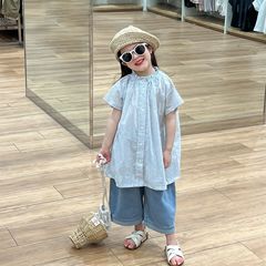 女童襯衫2024夏裝森系時髦藍條紋襯衣裙+翻邊褲腳闊腿褲子牛仔褲