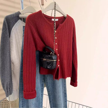 韩系小个子短款精纺羊毛修身显瘦坑条纹开衫V领女士洋气减龄外套