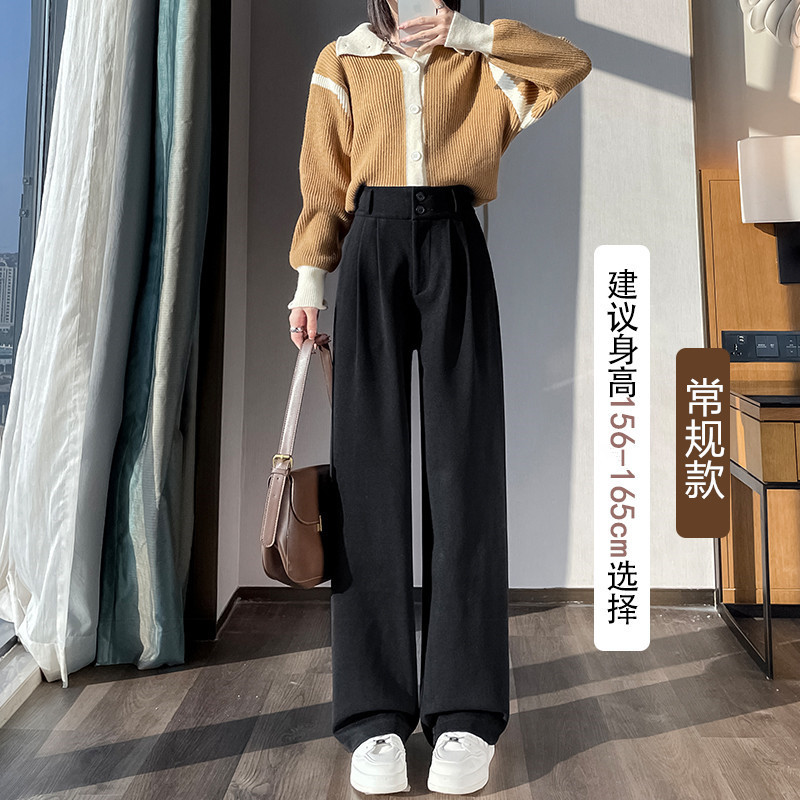 女性用豪華なウールのワイドレッグパンツ、2025年秋冬の新しい冬の厚みのあるハイウエストのドレープの小さな狭いストレートパンツ