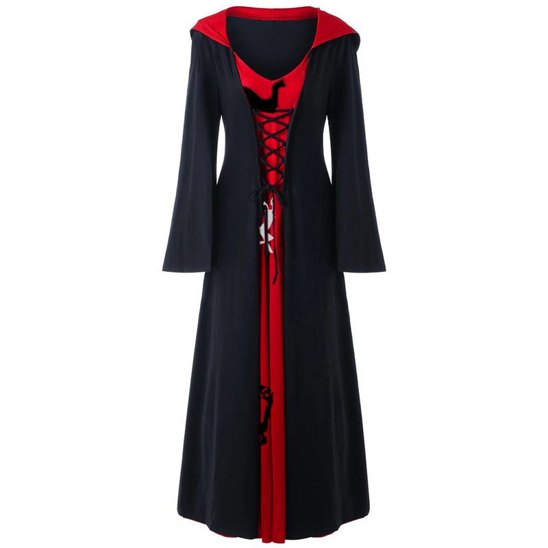 Cross-border Women's Christmas Suzuka Printed Hooded dress Long-sleeved Loose Lace-up dress in stock