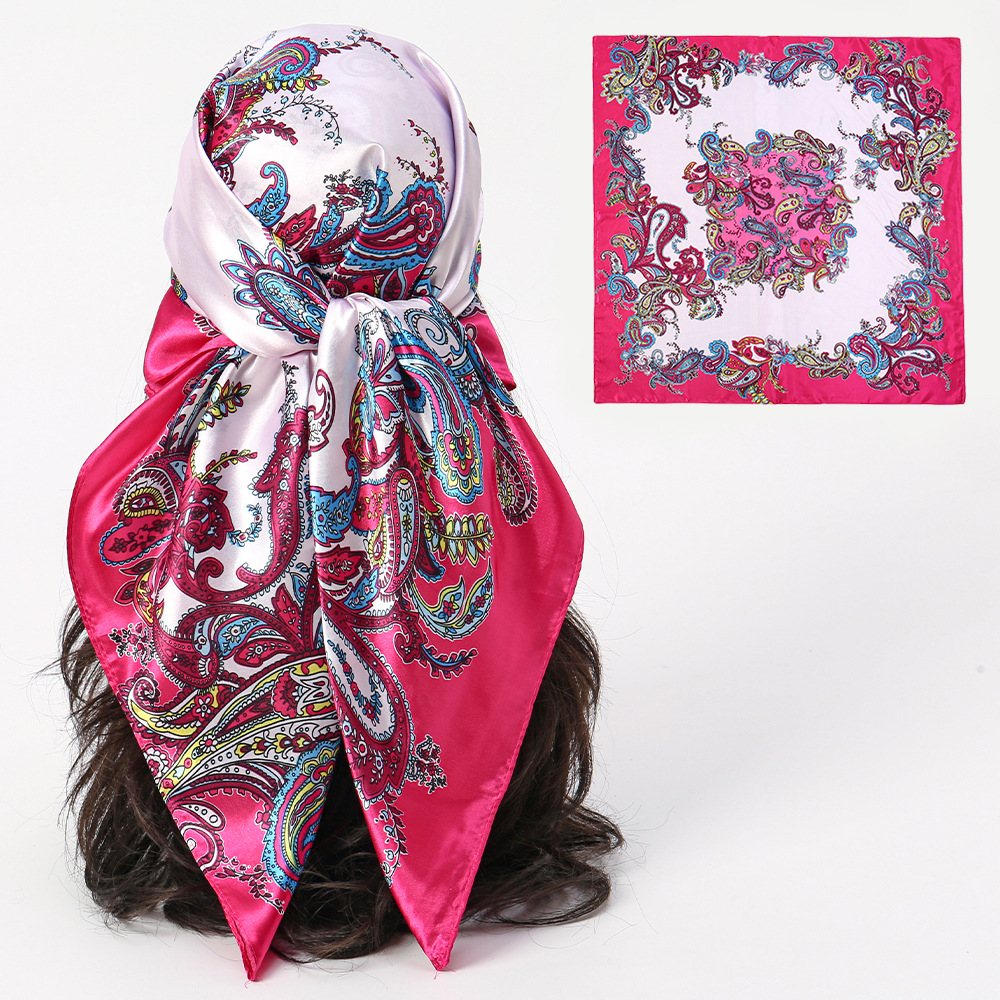 Moda y elegancia 90 satén bufanda cuadrada grande protección solar playa bufanda de seda chal patrón de flor de anacardo de doble uso collar de cinta mujer