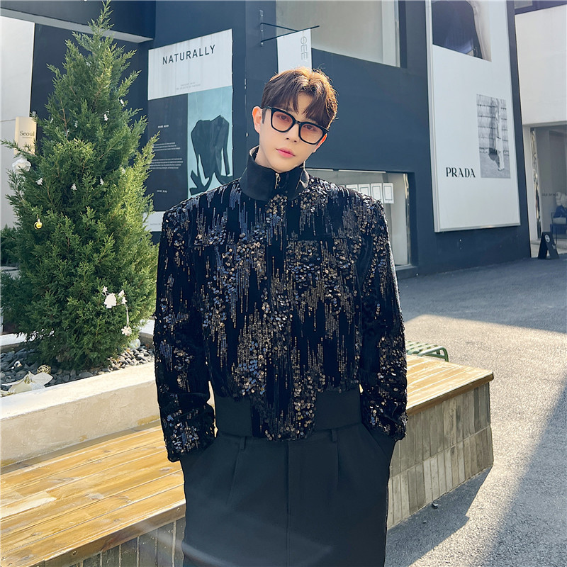 Fried Street Flash Sequin Jacquard Small Stand-up Collar Jacket Men's High Waist Short Shiny Beaded Jacket Coat Night Shop Party