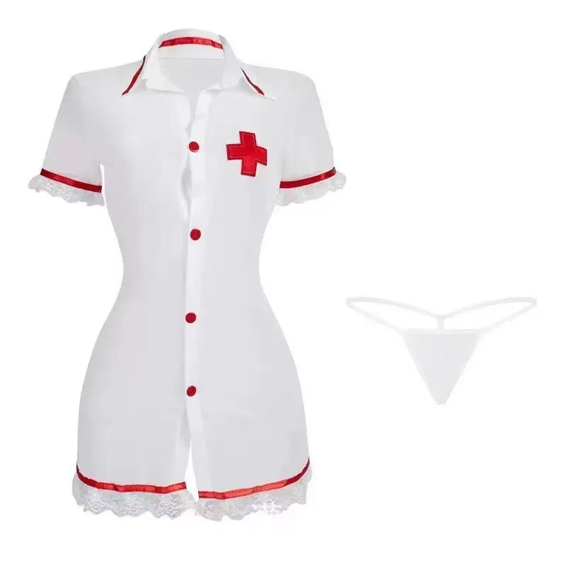 Sheer Lace Nurse Roleplay Lingerie Set with Bra and Panty, White One Size — detail image 5