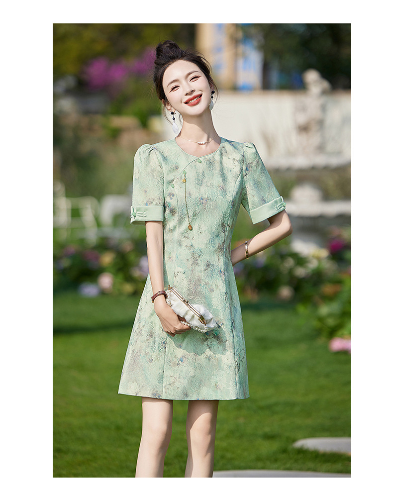Váy sườn xám cải tiến phong cách Trung Quốc mới, thiết kế chữ A thanh lịch, mùa hè — Màu hồng, Màu xanh lá chi tiết 13