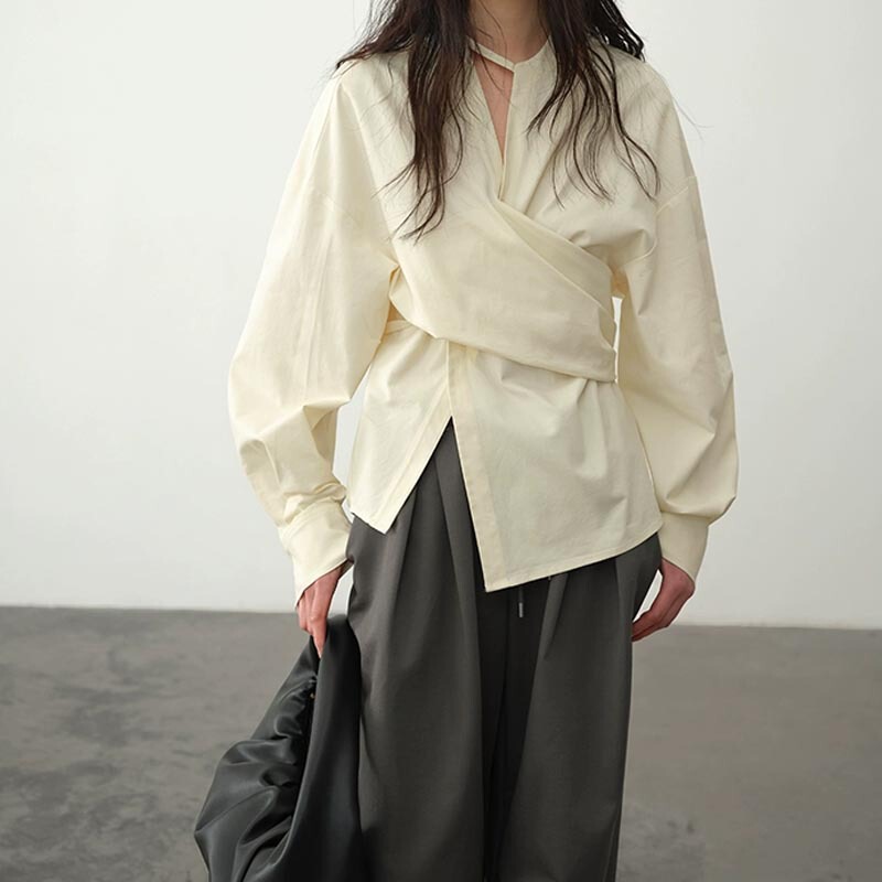 French-Style Women's Shirt 2025 Spring and Autumn New Casual Niche Cross-Waist Slimming Top for Dropshipping, Lazy Style