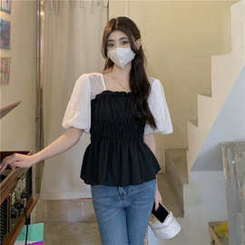2022夏装新款韩版设计感假两件泡泡袖拼接洋气收腰显瘦上衣女潮