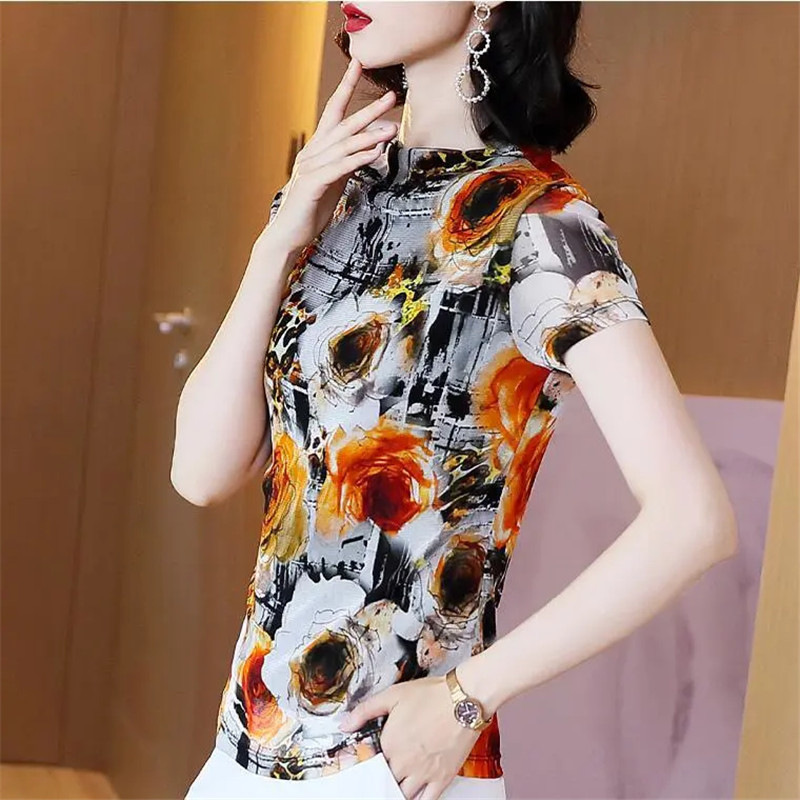 Slim-Fit and Flattering Mom-Style Tops, Women's Summer New Mesh Patchwork Inner Short-Sleeve T-Shirt Slim-Fit and Flattering Mom-Style Tops, Women's Summer New Mesh Patchwork Inner Short-Sleeve T-Shirt
