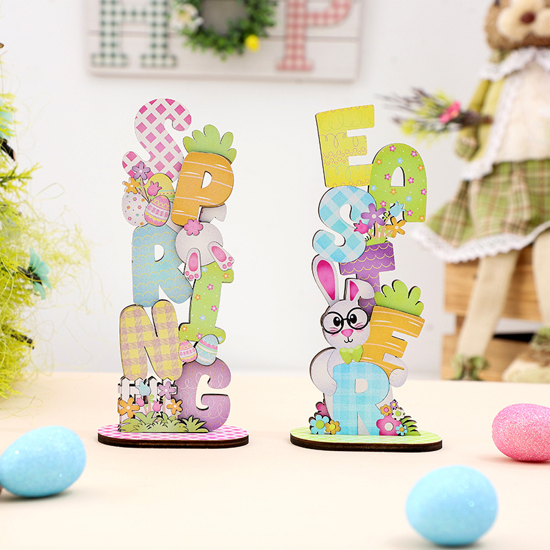 Easter decoration items, colored 3D Easter egg rabbit alphabet wooden accent, home party decoration gift