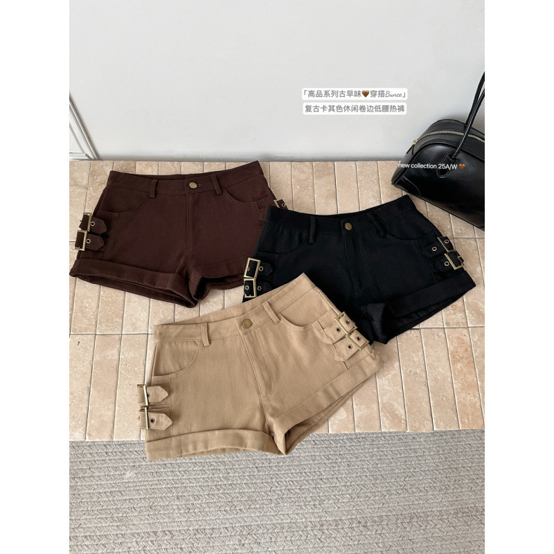 秋上新！复古卡其色休闲短裤女热裤外穿低腰显瘦小个子裤子韩系|undefined