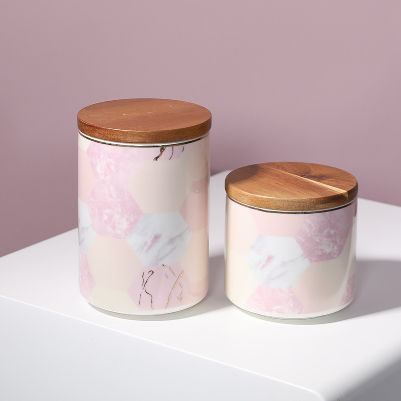 Rosa jarra de cerámica jaspeado sellado con tapa granos del hogar tarro de azúcar blanco tarro de almacenamiento