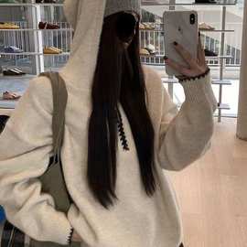 连帽毛衣慵懒风长袖套头上衣秋冬新款带帽针织衫宽松小众不撞款女