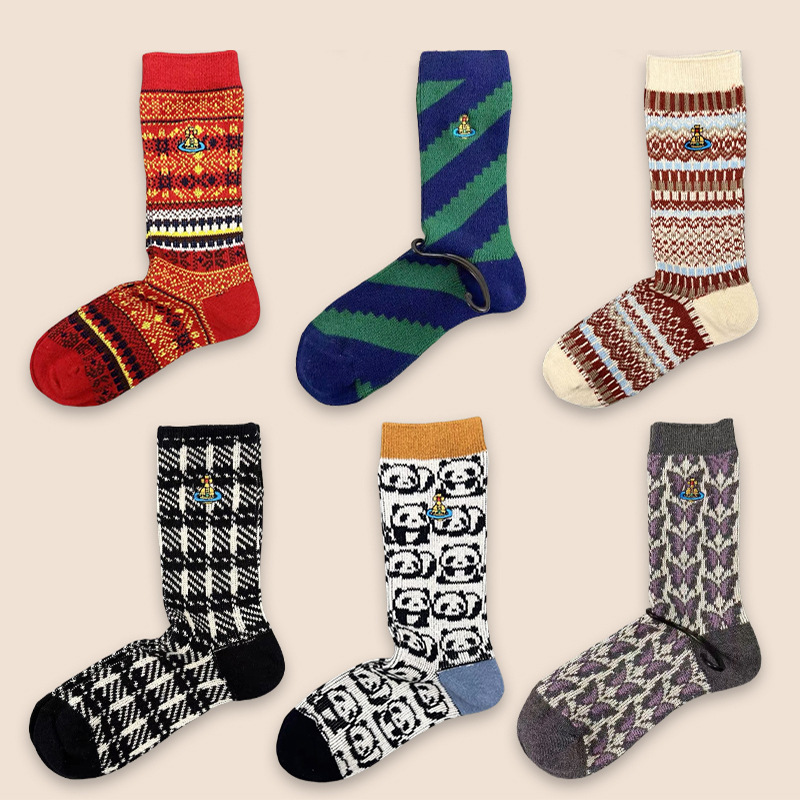 Japanese-Style Embroidered Women's Mid-Calf Socks, Double-Needle Stacked Thick Warm Cotton Socks, Vintage Style