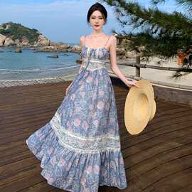 古着复刻小众蕾丝吊带连衣裙莫兰迪蓝碎花大摆裙图片色修身型